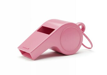 Pink plastic sports whistle with matching pink cord lanyard on white background, referee equipment for youth coaching