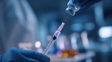 Medium shot of nuclear medicine staff drawing a radioligand dose using a sterile syringe main subject sharp against a softly blurred imaging lab environment.