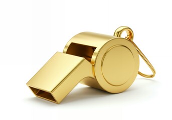 Polished gold brass referee whistle with metal ring on white background, premium sports officiating and coaching equipment