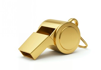 Shiny gold metallic referee whistle with brass ring attachment on white background, premium sports officiating equipment
