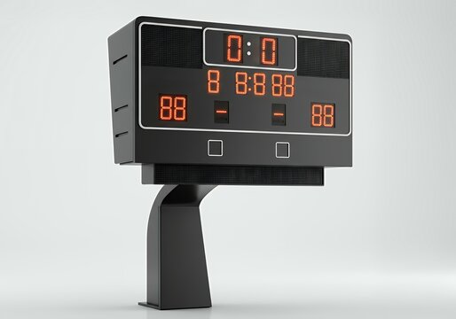 Compact sports scoreboard with red LED digital display showing tied game score and remaining time in gray metal frame casing