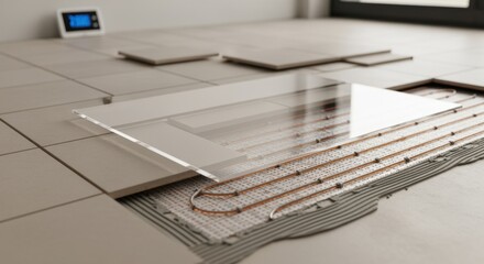 Transparent overlay showing electric heating mat embedded in thinset beneath ceramic tiles demonstrating hidden floor heating technology.