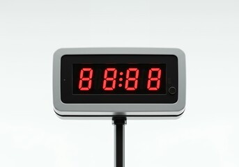 Portable digital timer display with red LED numbers showing time in silver metal frame mounted on adjustable stand pole
