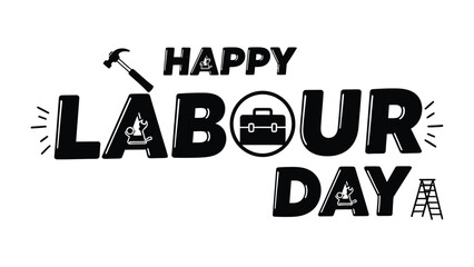 Happy Labour Day Icon: A simple monochrome artistic composition, saluting and celebrating Labor Day. With the text Happy Labour Day, it features icons to represent tools and work.