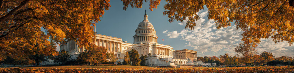 Obraz premium Fall season scenic view of the u.S. Capitol building washington d.C. Landscape photography autumn colors wide angle