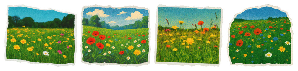 PNG Vibrant torn-edge floral landscapes, element set on transparent background