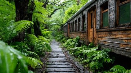 Abandoned train in lush rainforest setting with stone pathway