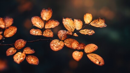 Branch of orange leaves with water droplets in soft focus against a dark background