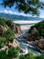 Majestic River Flows Through Rugged Rocky Mountains Under a Bright Blue Sky