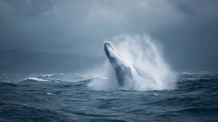 Fototapeta premium Whale breaching stormy ocean. Dark skies provide contrast for the spectacular jump