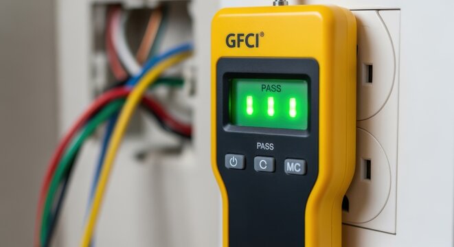Visual of a GFCI outlet tester displaying a pass result after successful wiring verification post replacement.
