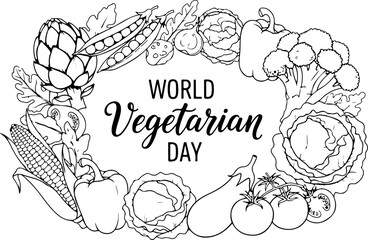 World Vegetarian Day coloring page with fresh vegetables in black and white outline