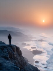 Lone Figure Stands On Cliff Overlooking Misty Ocean Sunrise