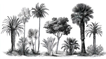 Line art of a tropical oasis with various palm trees and shrubs on a white background