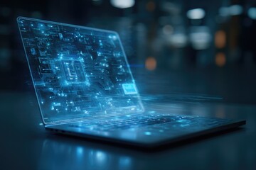 Open laptop with glowing circuit board graphic
