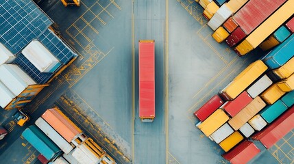 Aerial View of Shipping Containers and Truck Moving Through Industrial Port Logistics