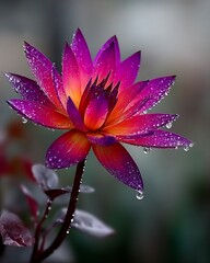 Beautiful Water Droplets Adorn Vibrant Purple and Orange Lotus Flower Petals