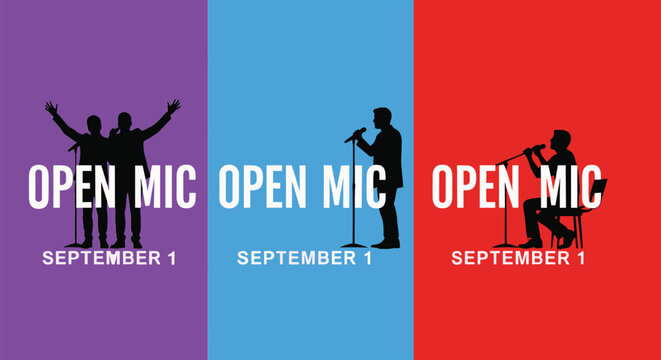 Colorful open mic event poster with singer silhouettes and performance date illustration
