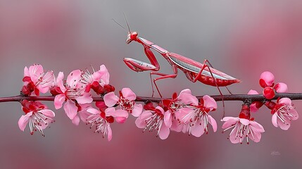 Vibrant Red Praying Mantis Perched Gracefully on a Blossoming Cherry Branch