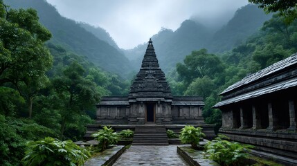 Ancient temple emerging from lush green forest in the himalayas © Lubos Chlubny