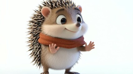 Animated hedgehog stands wearing brown scarf with smiling face and outstretched hands - Powered by Adobe