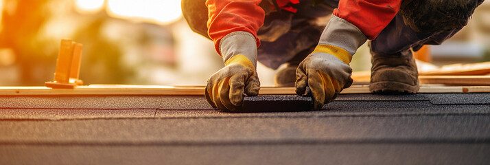Roofer worker installing shingles at sunset Generative AI