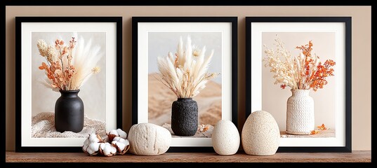 Three framed prints of dried flower arrangements in vases