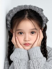 Adorable young girl with braided hair wearing a cozy grey sweater and headband
