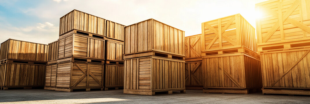 Shipping crates stacked under sunlight at a warehouse Generative AI