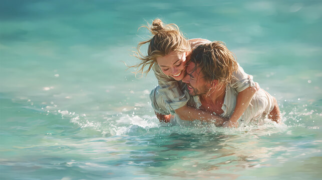 Joyful Embraces in Coastal Bliss: A sun-kissed pair shares a moment of pure joy and laughter in the gentle embrace of the ocean waves, embodying carefree happiness.