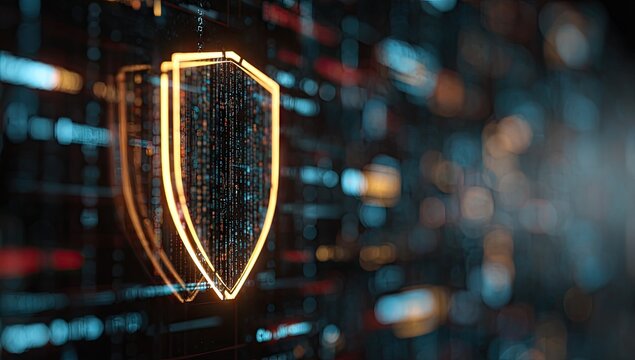 Digital shield graphic, glowing on a dark tech backdrop