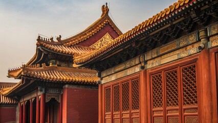 Fototapeta premium Close Up of Forbidden City Building Facade with Red Walls and Golden Roof Ornaments in Beijing China for Cultural Heritage Education