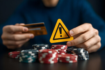 Gambling warning sign with credit card and chips, financial risk concept