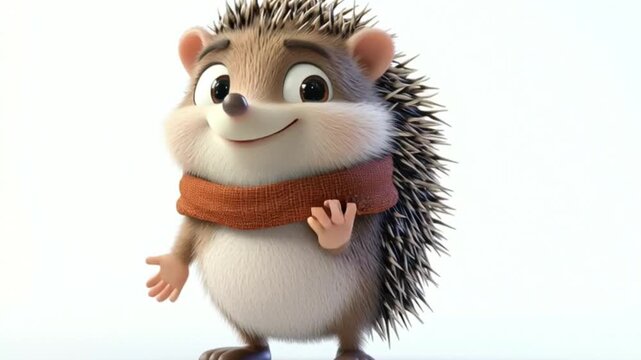 Animated hedgehog with brown scarf stands on white background