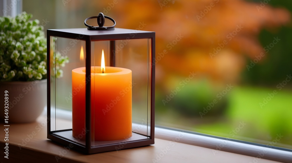 Poster burning candle creating cozy atmosphere by window with autumn view