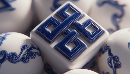 White cube with intricate blue design, surrounded by similar spheres
