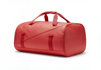 Bright red cylindrical sports duffel bag with dual handles and adjustable shoulder strap on white background for gym and travel