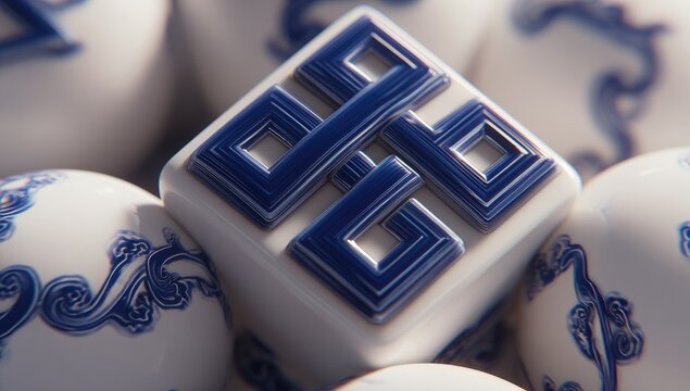 White cube with intricate blue design, surrounded by similar spheres