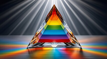 Glass pyramid refracting rainbow colors under light beams