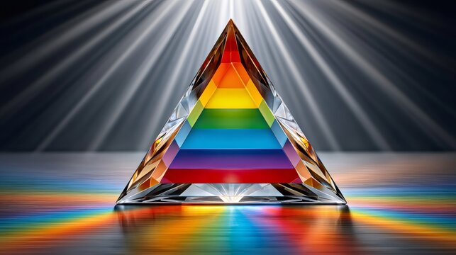 Glass pyramid refracting rainbow colors under light beams