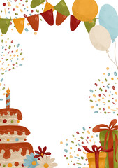 Festive watercolor template of a postcard in autumn colors: cake, candle, flowers, gifts, balloons, garland, confetti. For design in printing
