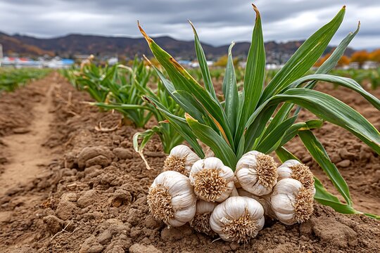 Harvested garlic stacked in brown soil high resolution picture