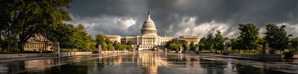 Fototapeta premium Dramatic cloudy sky over capitol building washington d.C. Scenic photography urban landscape panoramic view government symbolism