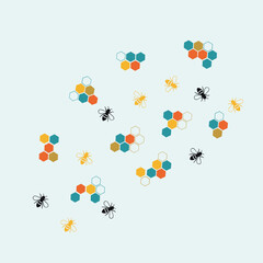 Adorable tiny honeycomb cells and cute buzzing bees scattered across a pale blue background