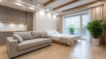 Fototapeta premium Cozy modern living room in an attic featuring light wooden flooring, gray cabinets, soft seating, and warm natural light
