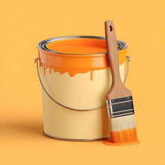 Bright orange paint drips from can onto brush ready for home makeover project