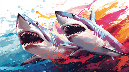 Sharks with wide open mouths swim through splashing water and dynamic colorful paint strokes in a dramatic action-packed ocean encounter