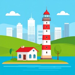 Lighthouse on an island in a city