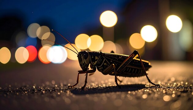 Nighttime grasshopper on city street