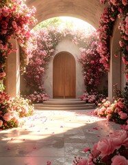 Fototapeta premium Serene Room with Lush Pink Flowers. A photorealistic, tranquil background of a sunlit indoor space with floor-to-ceiling windows, floral vines, and romantic petals